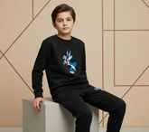 Black Bunny Printed Kids Winter Tracksuit | Cozy Fleece Sweatshirt & Trouser Set for Boys & Girls (Baby to 2XL)