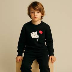 Black Cat Printed Kids Winter Tracksuit | Cozy Fleece Sweatshirt & Trouser Set for Boys & Girls (Baby to 2XL)