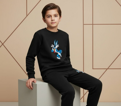 Black Bunny Printed Kids Winter Tracksuit | Cozy Fleece Sweatshirt & Trouser Set for Boys & Girls (Baby to 2XL)