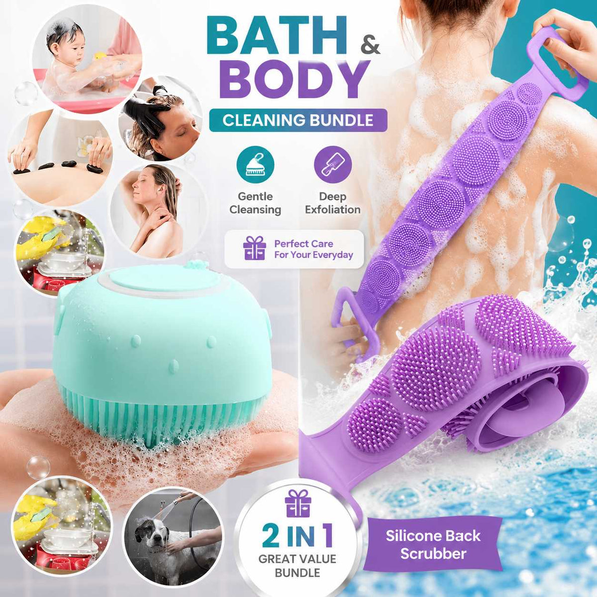Silicone Bath Brush And Silicone Back Scrubber Care Bundle For Deep Cleansing And Gentle Body Care (Random Color)
